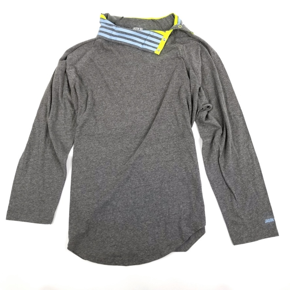 Jason Wu Gray Long-Sleeve Women's Top with Striped Neck Detail